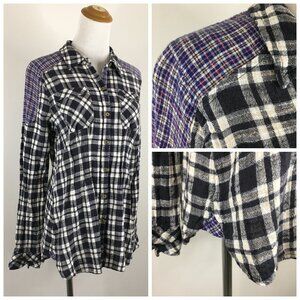 FREE PEOPLE Multi-Color Plaid Checks Mix Media Pleats/Cinched Back Button Shirt